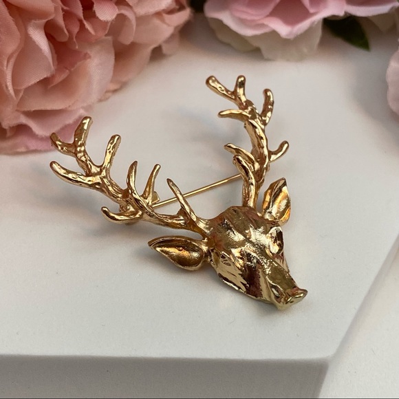 Gold Buck Deer Head Brooch Lapel Pin - Picture 11 of 16